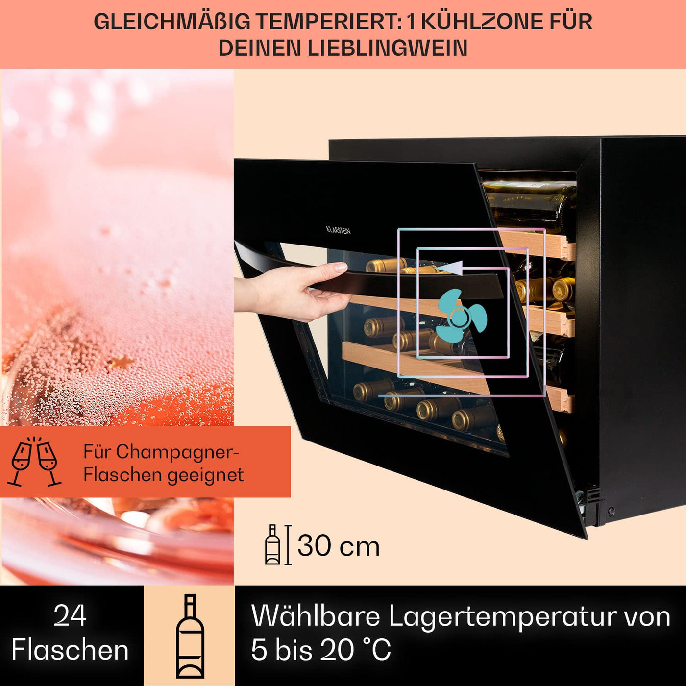 Klarstein Einbau-Weinkühlschrank, 1 Zonen Getränkekühlschrank Klein, Kleiner Weinschrank 51L, Wein-Kühlschrank Klein mit Glastür, Indoor/Outdoor Flaschenkühlschrank, Wine Fridge 24 Flaschen
