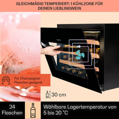 Klarstein Einbau-Weinkühlschrank, 1 Zonen Getränkekühlschrank Klein, Kleiner Weinschrank 51L, Wein-Kühlschrank Klein mit Glastür, Indoor/Outdoor Flaschenkühlschrank, Wine Fridge 24 Flaschen