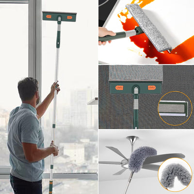 Dubest Fensterwischer mit teleskopstiel,Profi Fensterputzer Set mit 3 Mikrofaserpads und Staubwedel,180 Rotationskopf Fensterabzieher Glasreinigungswerkzeuge für Hohe Fenster im Outdoor und Zuhause