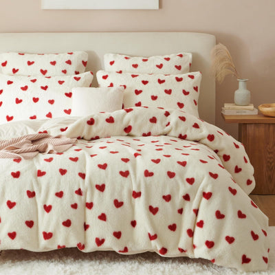 Tospass Plüsch Bettwäsche Set 200x200cm Rot Weiß Herz Liebe Kunstfell Warme Winterbettwäsche Flanell Samt Biber Flauschig Deckenbezug Fleece Bettbezug mit Reißverschluss und 1 Kissenbezug 80x80cm