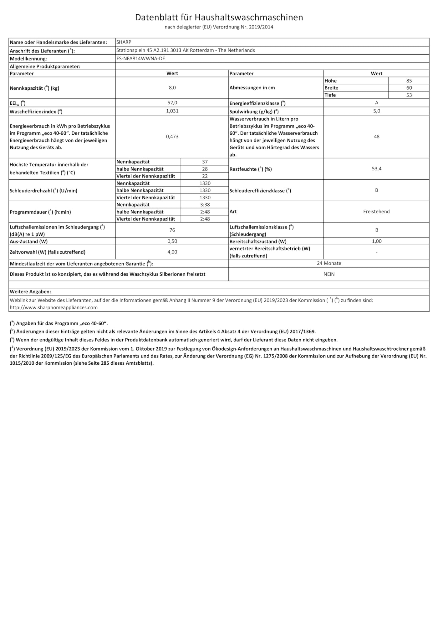Sharp ES-NFA814WWNA-DE Waschmaschine Frontlader/A / 8 kg / 1400 U/min/Inverter Motor / 15 Programme inkl. 12 min Kurzprogramm/AquaStop/Weiß