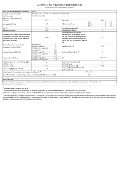 Sharp ES-NFA814WWNA-DE Waschmaschine Frontlader/A / 8 kg / 1400 U/min/Inverter Motor / 15 Programme inkl. 12 min Kurzprogramm/AquaStop/Weiß