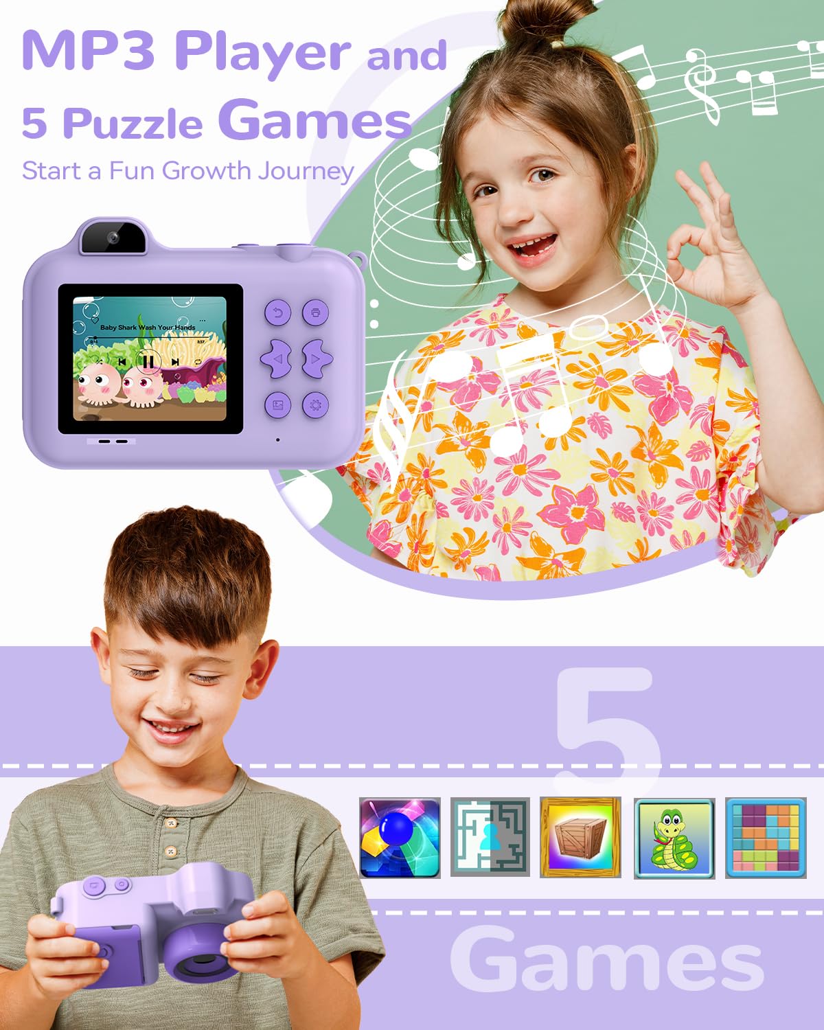 JoJoego Kinderkamera Sofortbildkamera, 2,4-Zoll 24MP Kinder Digitalkamera mit Selfie,1080P HD Dual-Kamera, 32GB Speicherkarte, 5 Rollen Druckerpapier, Geschenk für Kinder von 3-12 Jahren, Lila