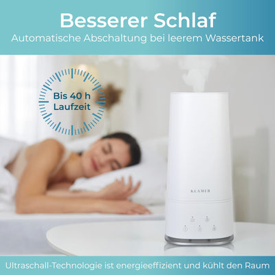 KLAMER Luftbefeuchter 4L Top Fill, Leise 30dB, 40h Laufzeit, 300 ml/h, 3 Stufen - Ideal für Büro, Schlaf- & Kinderzimmer bis 45m²