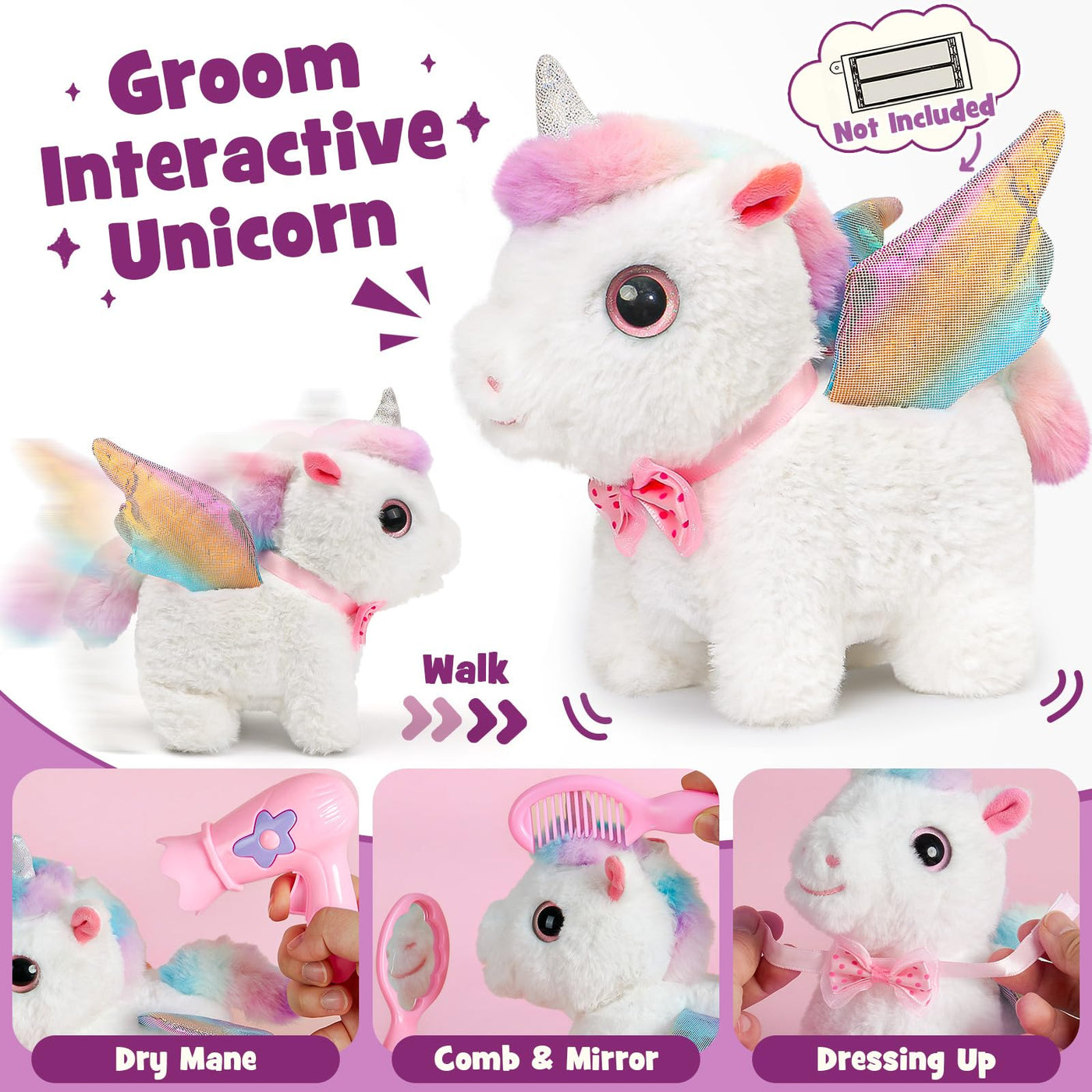 G.C Einhorn Geschenke für Mädchen 3 4 5 6 7 8 Jahre mit Elektrisch Einhorn Kuscheltier Spielzeug der Läuft und Bellt, Plüsch Tasche, Pflege Zubehöre, Interaktiv Unicorn Spielzeug Mädchen Geschenk