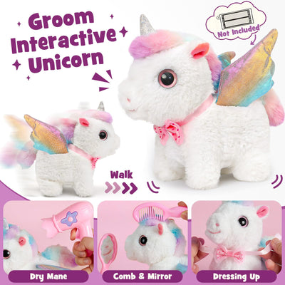 G.C Einhorn Geschenke für Mädchen 3 4 5 6 7 8 Jahre mit Elektrisch Einhorn Kuscheltier Spielzeug der Läuft und Bellt, Plüsch Tasche, Pflege Zubehöre, Interaktiv Unicorn Spielzeug Mädchen Geschenk