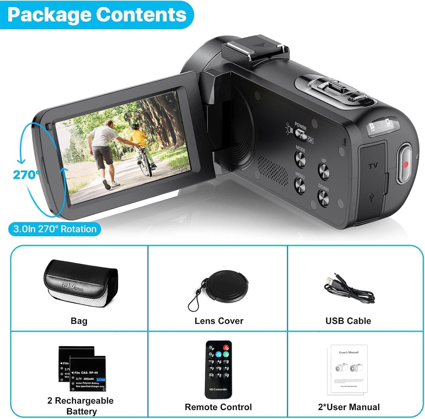 Videokamera Camcorder 1080P 30FPS 36MP Vlogging Kamera Recorder für YouTube, Digital Camcorder mit IR Nachtsicht 3.0 '' IPS-Bildschirm 16X Digital Zoom, Digitalkamera mit Fernbedienung, 2 Batterien