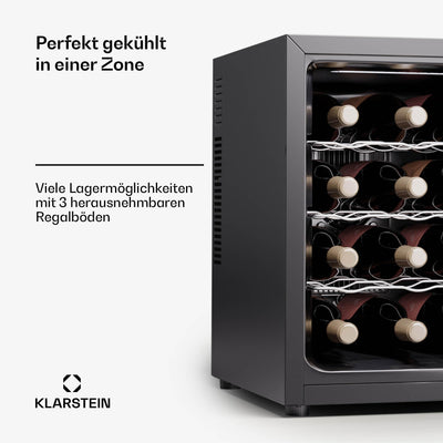 Klarstein Freistehender Weinkühlschrank 1 Zone, Getränkekühlschrank Klein, Kleiner Weinschrank, Wein-Kühlschrank Klein mit Glastür, Indoor/Outdoor Flaschenkühlschrank, Wine Fridge, 12 Flaschen