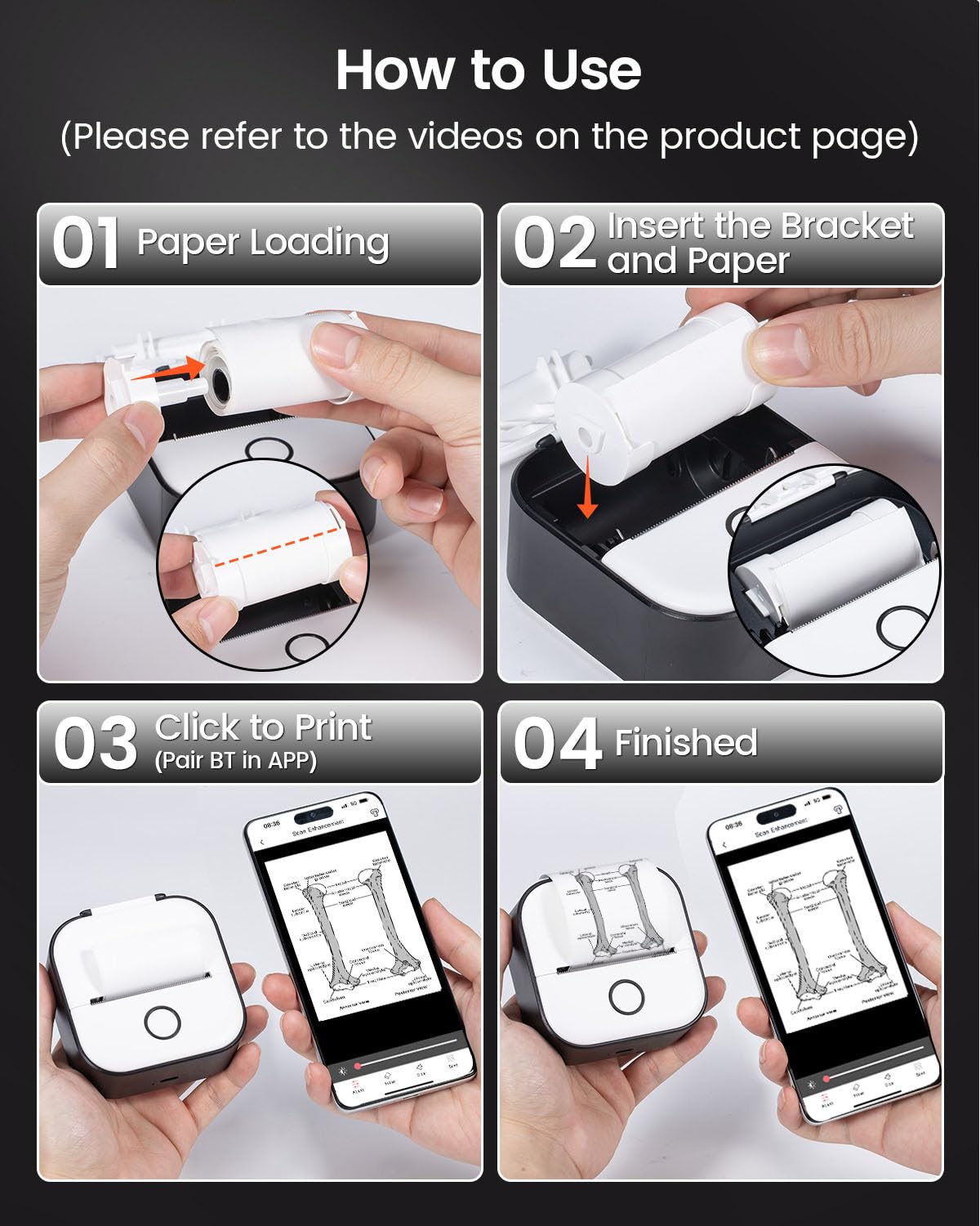 Mini Drucker für Smartphone - Aufkleber Drucker T02 Tragbarer Minidrucker Tintenloser Print Pods Bluetooth Taschendrucker Telefondrucker für Studiengrafiken, Anatomische Diagramme, Fotos, Journal