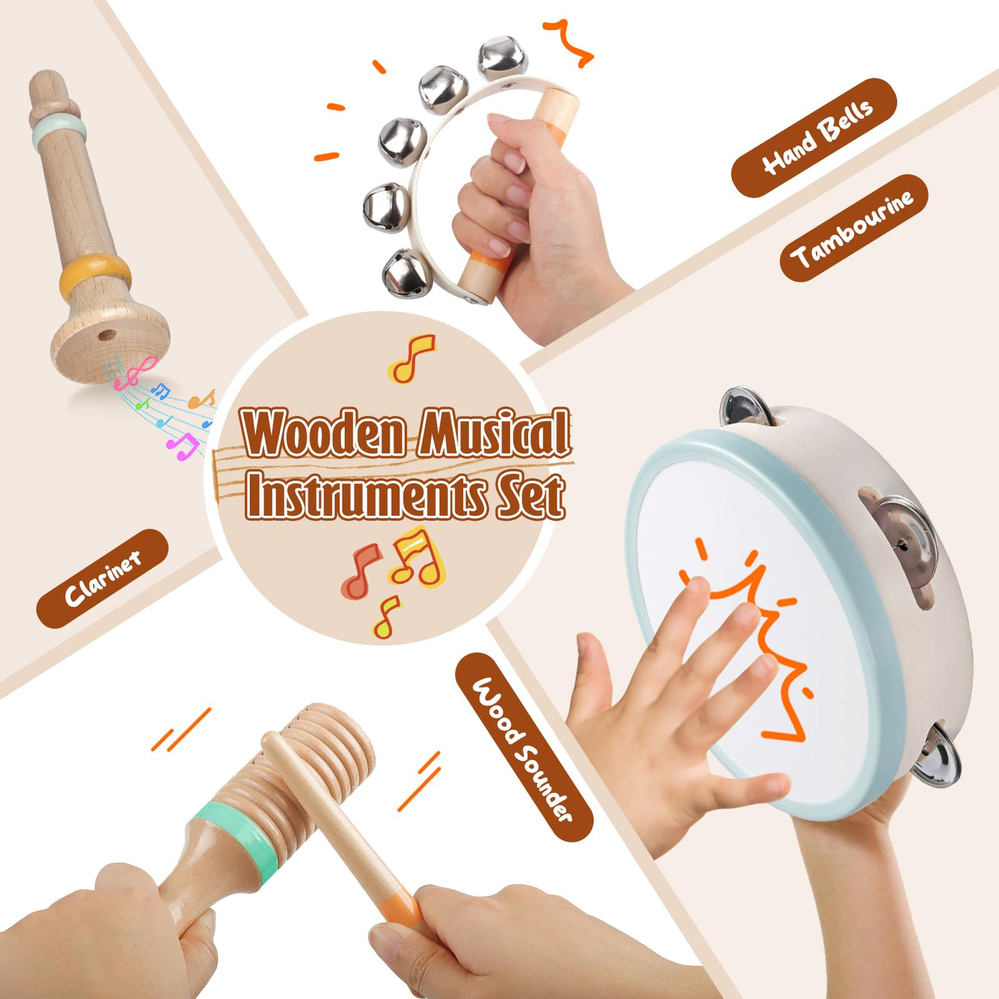 Musikinstrumente für Kinder ab 1-3 Jahre Holz Montessori Instrumente Musikinstrumente Baby 6 bis 12 Monate Percussion-Instrumente Musikspielzeug-Set für Kleinkinde (Natürlich)