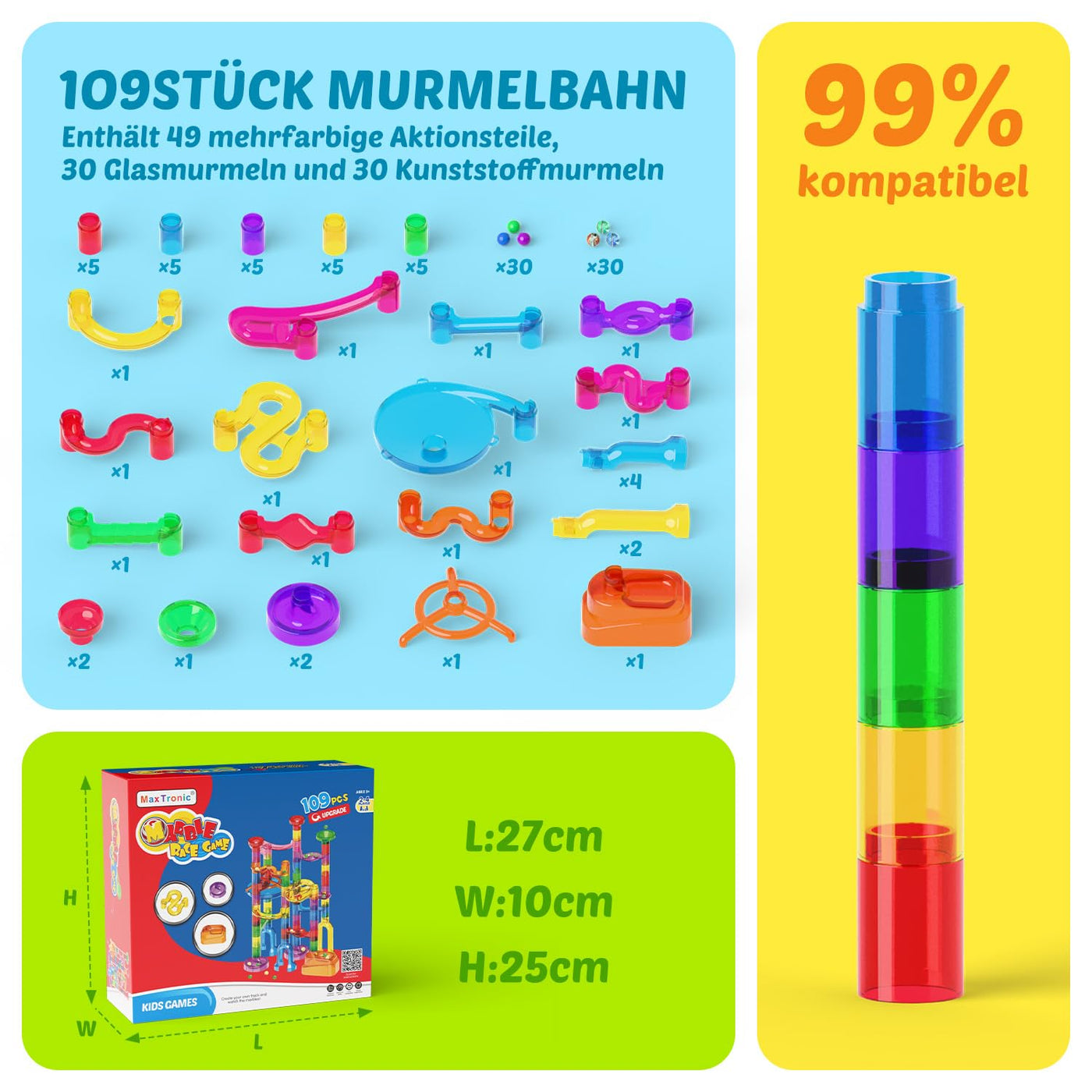 Murmelbahn Logikspiele Mehrfarbige kugelbahn 109 Stück transparent Bahnelementen und murmeln STEM Marble Rush Doppelspiel Spielzeug Geschenk für Kinder Jungen Mädchen ab 3-12 Jahre