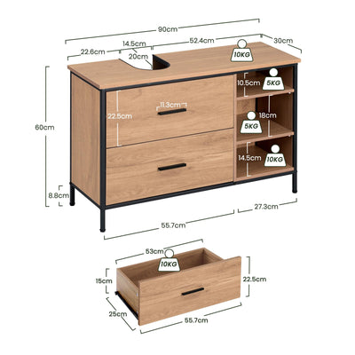 EUGAD Waschbeckenunterschrank, Badezimmerschrank mit 2 Schubladen 3 offenen Fächern, Unterschrank mit verstellbaren Ablagen, freistehender Waschtischunterschrank, 90x60x30 cm
