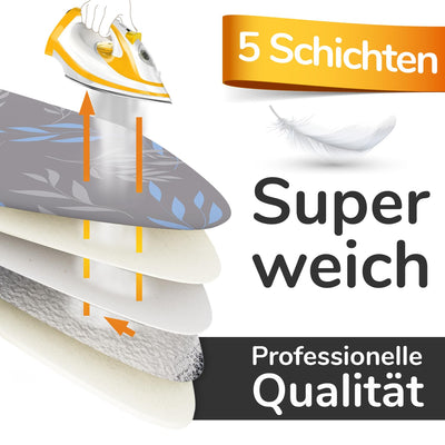 Super Soft 5 Schichten Turbo-Bügelbrettbezug 120x45, Made in Germany, ÖKOTEX Baumwoll-Polsterung, schneller mit Thermoreflexion, 5 Größen, EasyFit+Spanner, XL Fläche 120-125x38-45cm