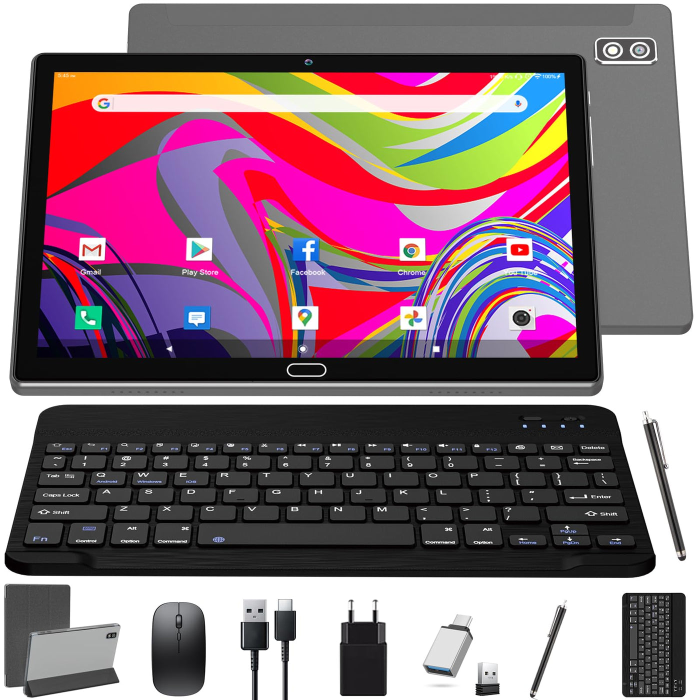 KADYBE 2025 Neueste Android Tablet 10 Zoll,2-in-1 Tablet Mit 2 SIM Slots 1 SD, 64GB ROM TF 512GB,Octa-Core,Tablets PC mit Tastatur Maus Schutzhülle,1080 LCD,5MP+13MP,WiFi GPS OTG-Typ C(Grau)