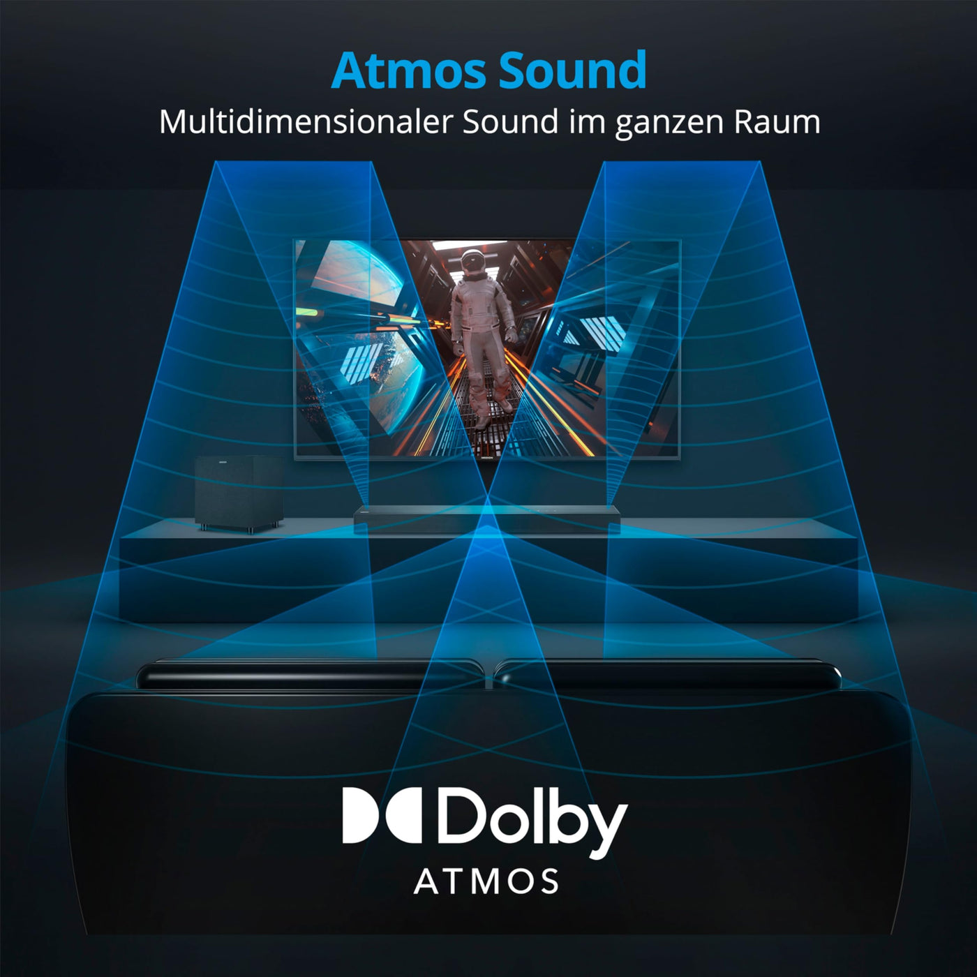 MEDION S61022 3.1 Dolby Atmos Soundbar mit kabellosen Subwoofer (für TV Geräte, Bluetooth 5.3, HDMI eARC CEC, optischer Eingang, AUX, 3 x 20 W + 60 W (RMS) Subwoofer kabellos, Fernbedienung