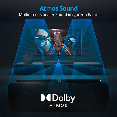 MEDION S61022 3.1 Dolby Atmos Soundbar mit kabellosen Subwoofer (für TV Geräte, Bluetooth 5.3, HDMI eARC CEC, optischer Eingang, AUX, 3 x 20 W + 60 W (RMS) Subwoofer kabellos, Fernbedienung