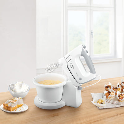 Bosch Handrührer MFQ36460, Handrührgerät, Rührschüssel Plus Halterung, 2 Rührbesen, 2 Edelstahl-Knethaken, 450 W, WeiÃŸ