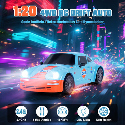 BuzzoXerex 1:20 RC Drift Car, 4WD Drift Auto Ferngesteuert, 15km/h RC Drift Auto, Mini Drift Car mit Unterbodenlicht und Straßensperren, Tabletop Drift RC Car für Kinder ab 8+ Jahre (Blau)