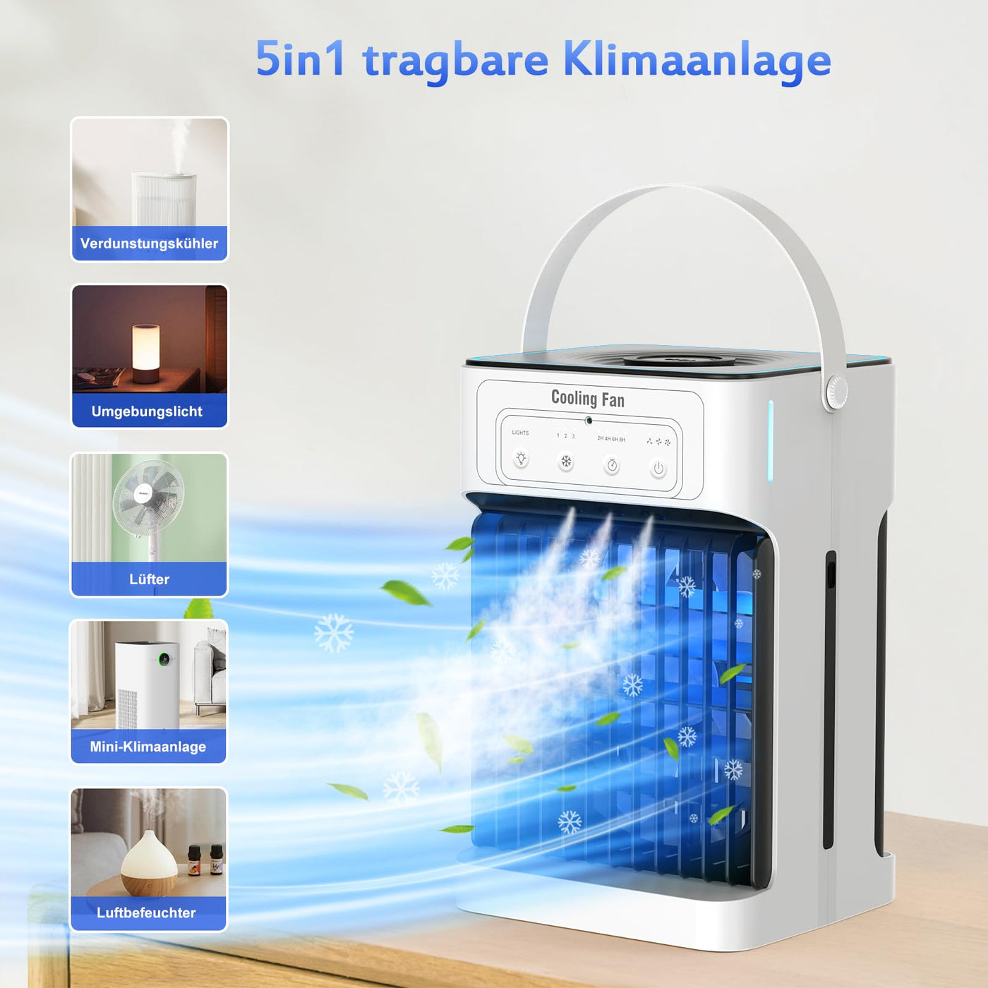 Mobile Klimaanlage mit Fernbedienung,1100ML Mini Luftkühler mit Wasserkühlung, 2-8H Timer & 7 LED，3 Luftgeschwindigkeiten & 3 Kühlnebel, Mobiles Klimagerät für zimmer,Wohnungen und Büro