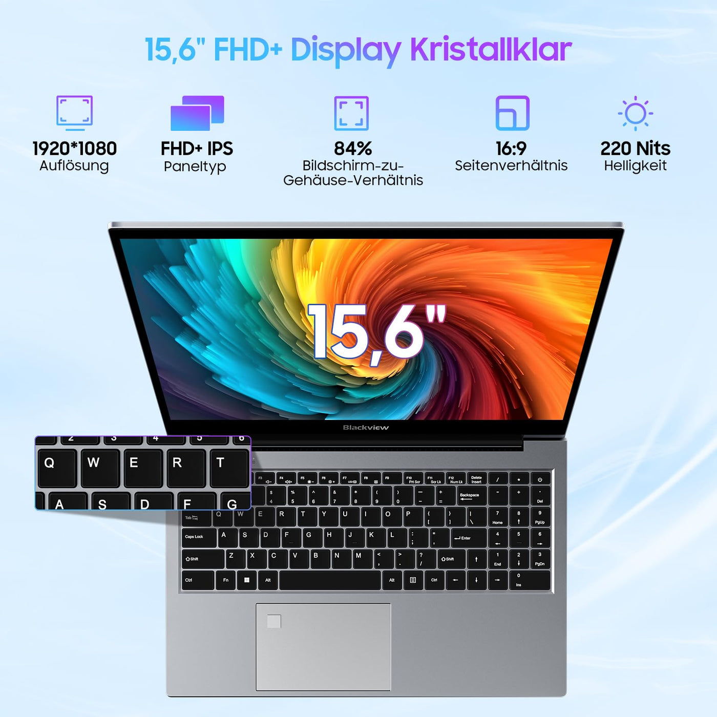 Blackview Laptop 15,6" FHD+ Notebook, 16GB DDR4 512GB SSD + TF, 3.6GHz Processor N97/UHD Graphics, Windows 11, 38Wh, QWERTY, HDMI 2.0, Bluetooth, USB 3.0, Fingerabdruck. FaceID, WLAN 5G