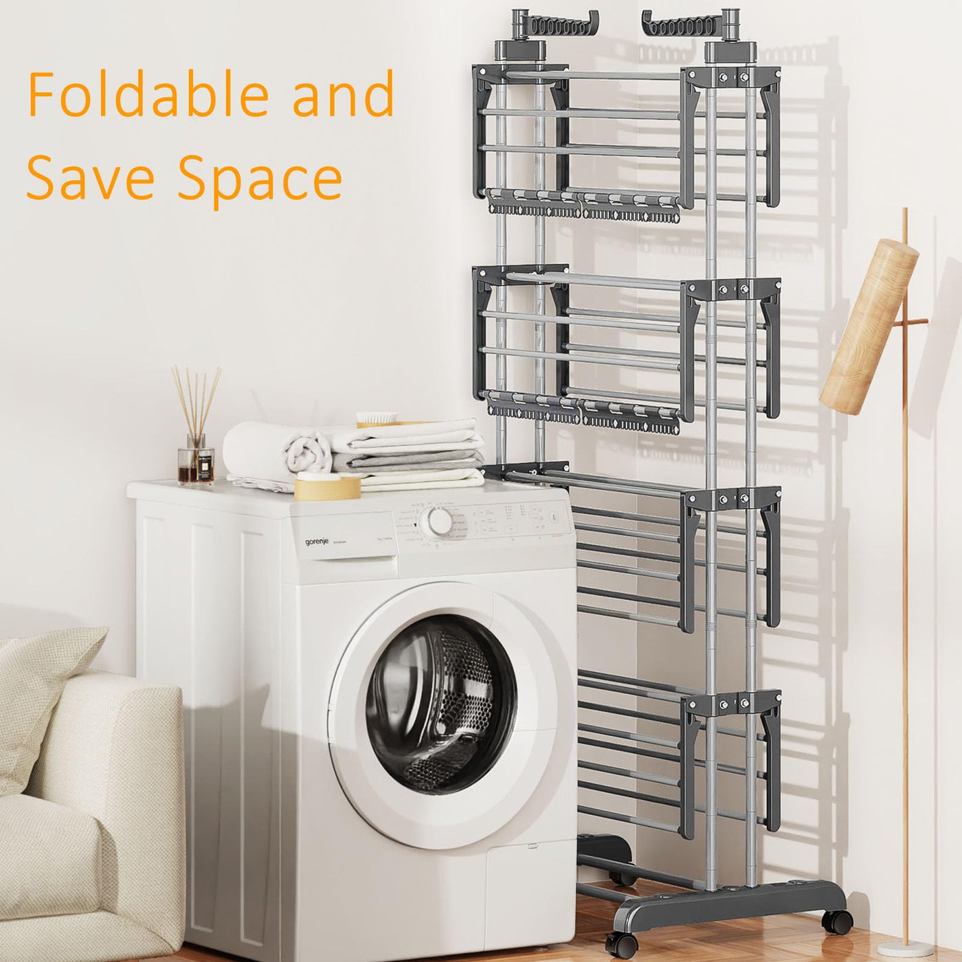 johgee 5 Ebenen Wäscheständer Wäschetrockner Turm mit Rollen, Höhenverstellbar klappbarer Waschestander mit 8 Klappbare Flügel und 4 Sockenklammern, Edelstahl Standtrockner Wäscheturm für Innen&Außen
