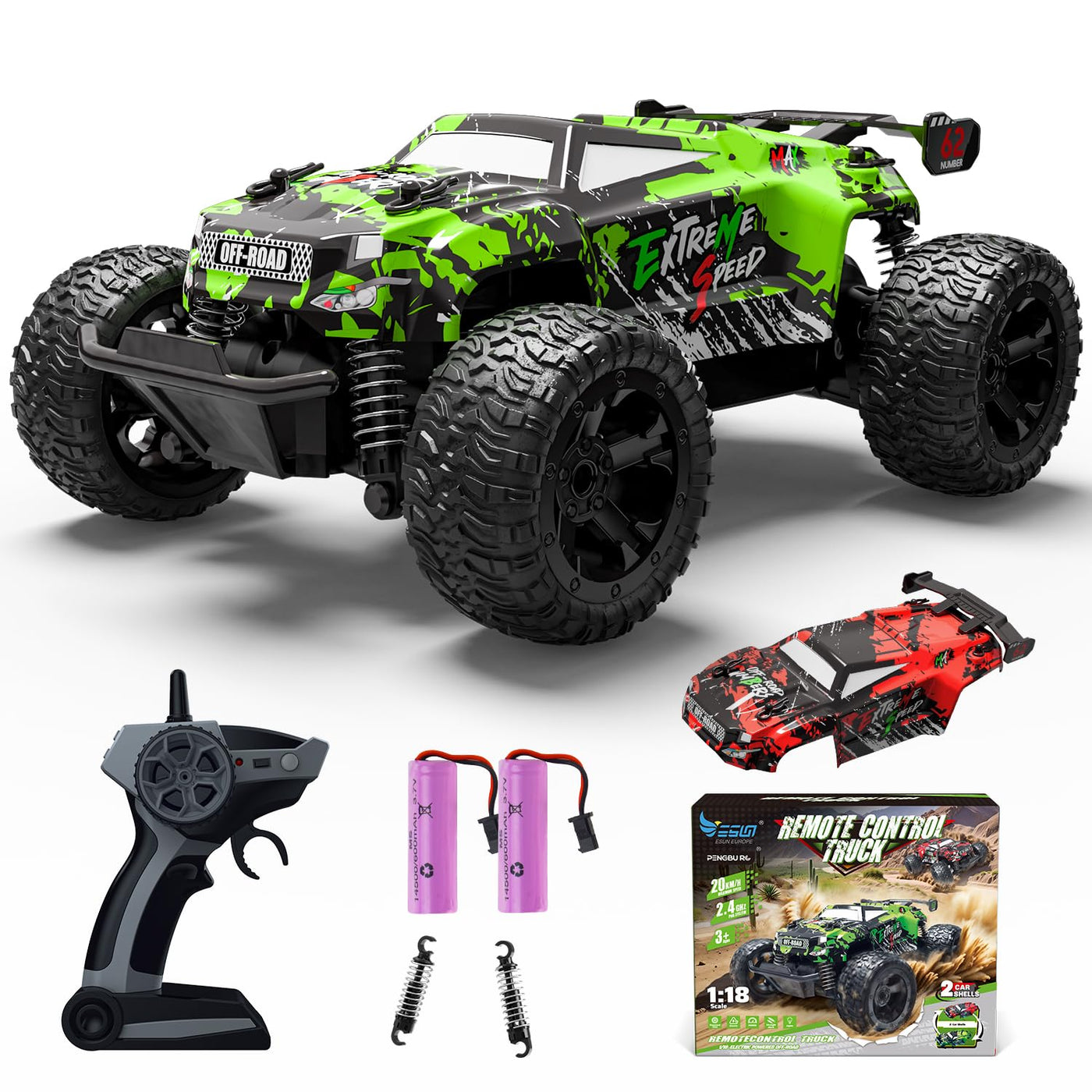 Ferngesteuertes Auto ab 3 4 6 8 Jahre, 1:18 Ferngesteuerter Monstertruck Ferngesteuert Mit Karosserielicht/Doppelschale, RC Auto Ferngesteuert ab 3 4 6 8 Jahre Kinder Geschenke für Jungen und Mädchen