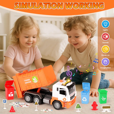 BunnyJOY Müllauto Spielzeug ab 3 4 5 6 Jahre Junge, Große Müllwagen Spielzeug mit Mülltonnen, Spielzeugautos Fahrzeuge, Geschenk Lernspielzeug für Kinder, Orange