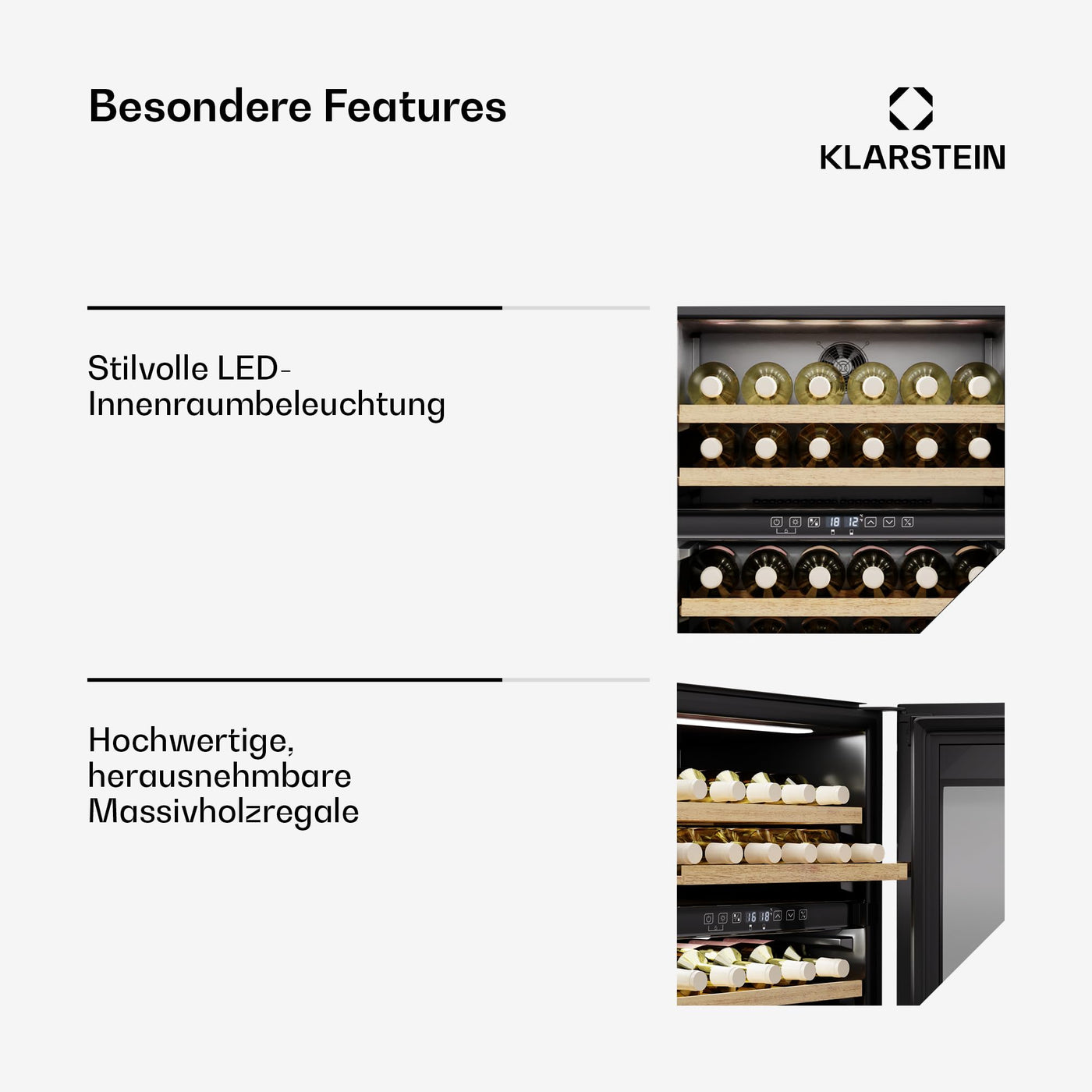 Klarstein Vinsider Victoria 36 Weinkühlschrank – 36 Flaschen, 2 Zonen, 5–22°C, Touch-Bedienung, LED, UV-Schutz, Einbau, schwarz