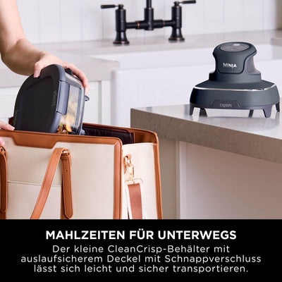 Ninja CRISPi tragbare Airfryer Heißluftfritteuse, 3,8 l, 4-in-1: Heißluftfrittieren, Braten, Warmhalten, Recrisp, kompakt, 6 Portionen, 2x herausnehmbare Glasbehälter & Deckel, 1.700 W, Grau FN101EUGY