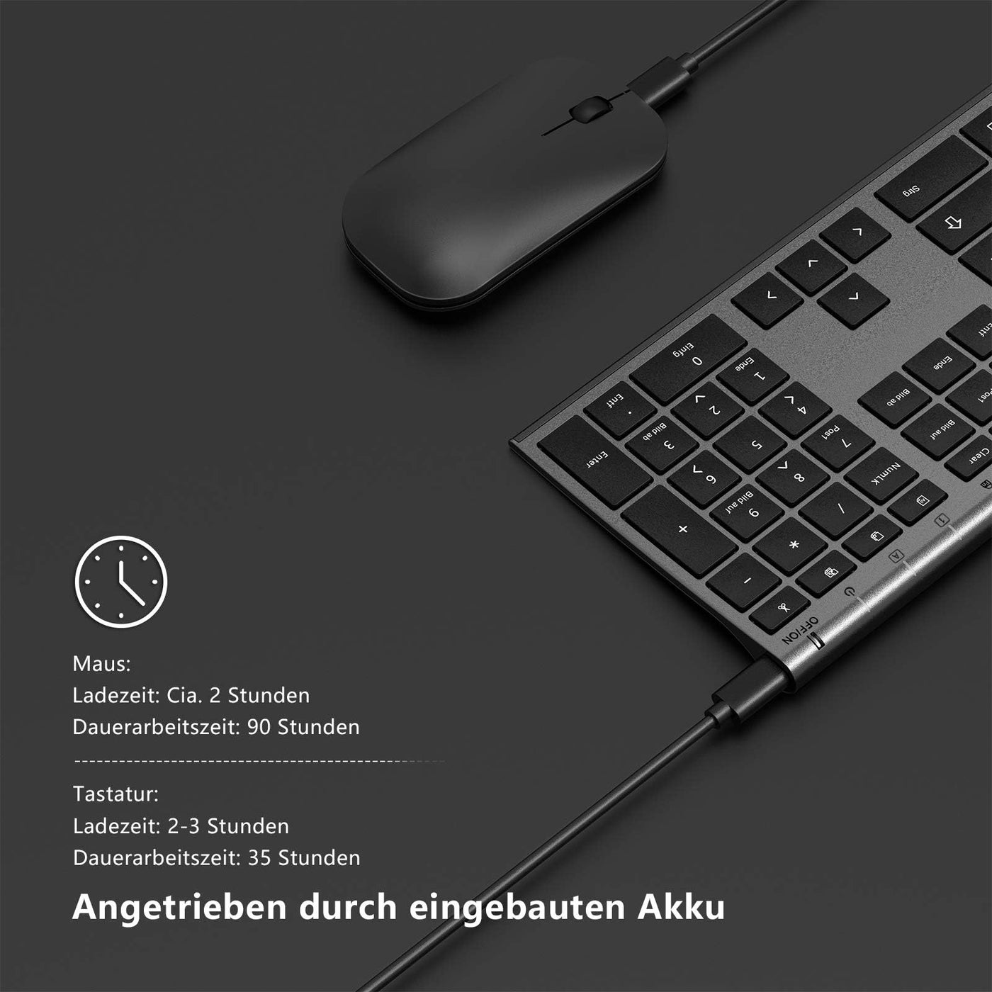 Kabelloses Tastatur Maus Set, seenda 2.4G Ultraflach Wireless Tastatur und Maus Aufladbar aus Aluminium, Deutsch QWERTZ Funktastatur Dünn für Windows/PC, Computer, Laptop, Smart-TV, Grau und Schwarz