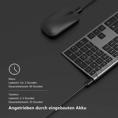 Kabelloses Tastatur Maus Set, seenda 2.4G Ultraflach Wireless Tastatur und Maus Aufladbar aus Aluminium, Deutsch QWERTZ Funktastatur Dünn für Windows/PC, Computer, Laptop, Smart-TV, Grau und Schwarz