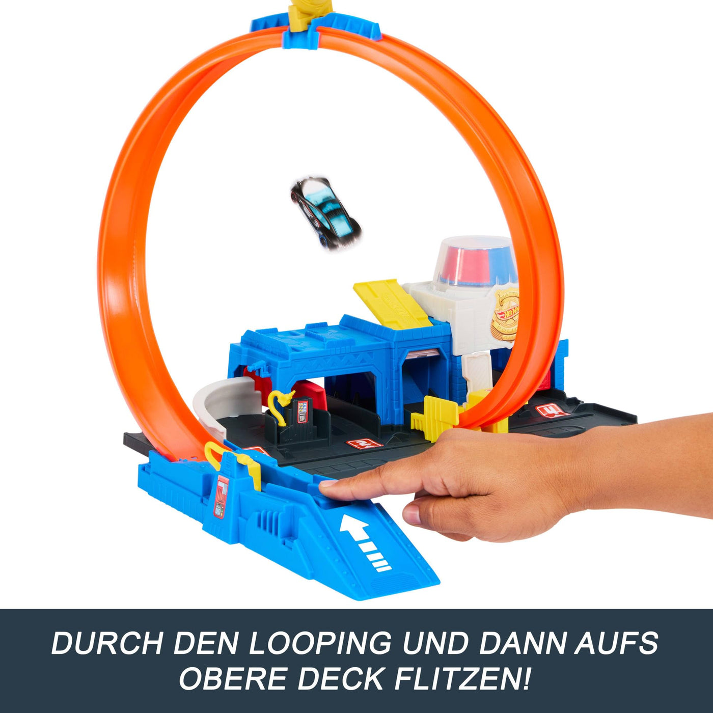 Hot Wheels Spielzeugauto Streckenset, Super Polizeiwache-Spielset mit Die-Cast-Fahrzeug im Maßstab 1:64 und anpassbaren Loopings für unterschiedliche Renn- und Stuntmöglichkeiten, JBM71