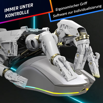 KLIM Blaze Pro – Gaming-Maus, kabellos, RGB wiederaufladbar, mit Ladestation – Neuheit 2024 – Hochpräziser Sensor mit Langer Akkulaufzeit – 6000 DPI – kabelgebundene und kabellose Maus – Weiß