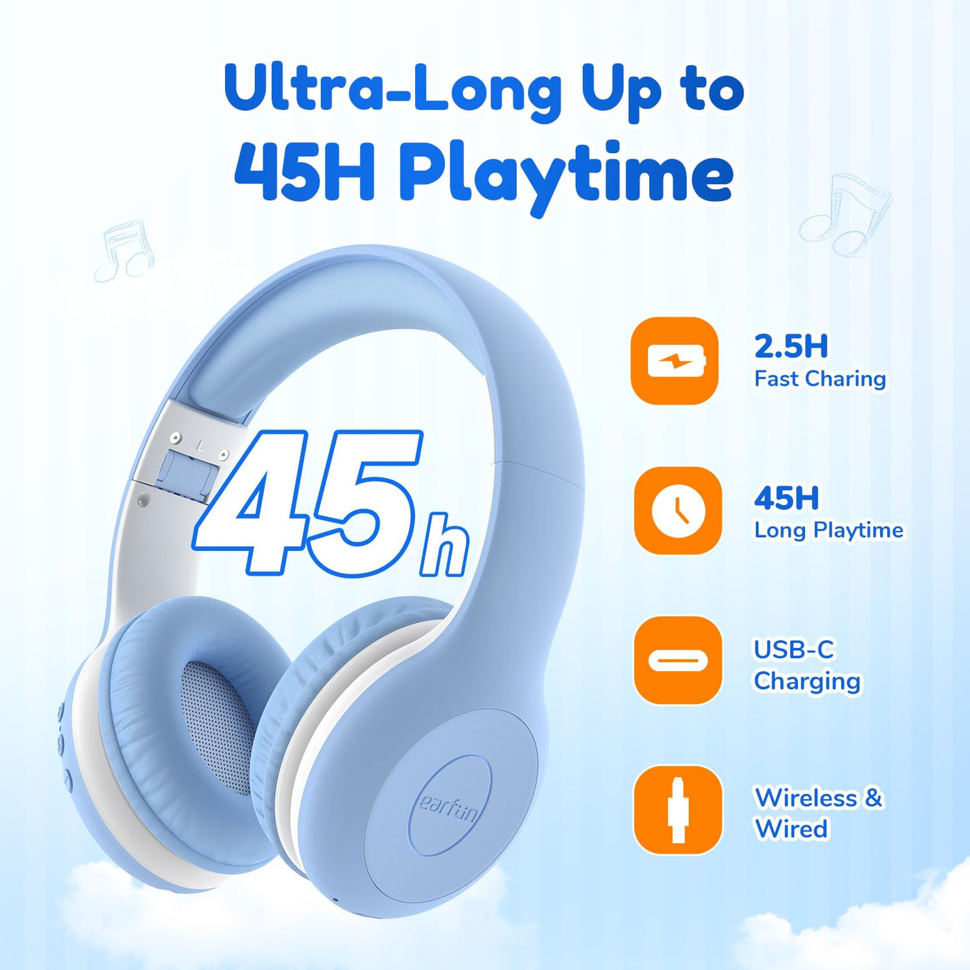 EarFun Bluetooth Kopfhörer Kinder, 74/85/94dB Lautstärkeregelung, HiFi Sound, HD-Mikrofon, 45 Std Akku, Faltbare, Einstellbar, Kopfhörer Kabellos Bluetooth Kinder für Schule/Reise/PC, Himmelblau