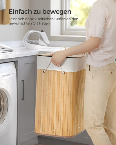 SONGMICS Wäschekorb mit Deckel, 72 L, Wäschekorb aus Bambus, faltbar, mit abnehmbarem waschbarem Beutel, Griffen, für Waschküche, Schlafzimmer, Holzfarbe LCB10Y
