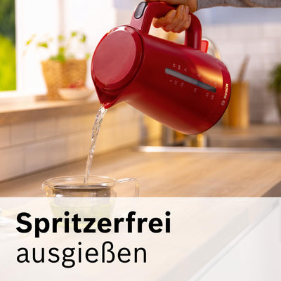 Bosch kabelloser Wasserkocher MyMoment TWK3M124, Abschaltautomatik, Überhitzungsschutz, Tassenanzeige, beidseitige Wasserstandsanzeige, entnehmbarer Kalkfilter, 1,7 L, 2400 W, Rot matt