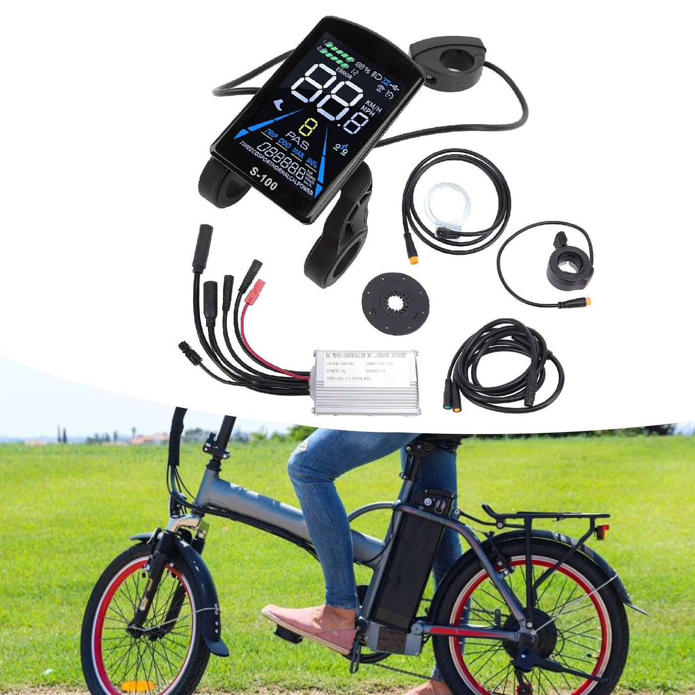 MechKit E-Bike Motor Controller Kit, 36V 48V 250W 350W 15A Motor Controller S100 Farb LCD Anzeigefeld Daumengas Power Assist Sensor und 2 in 1 Anschlusskabel für Elektrofahrrad Elektroroller