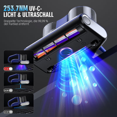 Milbensauger für Matratzen Milbenstaubsauger mit 253,7nm UV-Licht 16Kpa Absaugung Bürstenwalzenklopfen HEPA Filter Ultraschall Heißer Wind Funktion Bett-Staubsauger Verbreiterte Saugöffnung 500W Blau