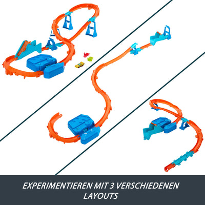 Hot Wheels Spielzeugauto Streckenset, Deluxe-Bauset mit motorisiertem Beschleuniger, Fahrzeug im Maßstab 1:64, Track-Schnellstecksystem, Beschleuniger-Sprung-Schnellstrecke,JDB49