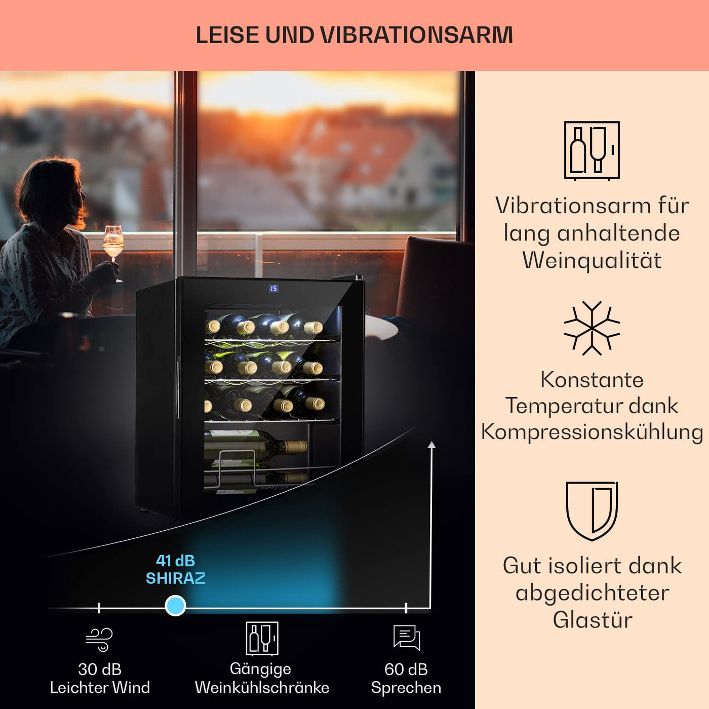 Klarstein Weinkühlschrank, 1 Zonen Getränkekühlschrank Klein, Kleiner Weinschrank 42L, Wein-Kühlschrank Klein mit Glastür, Indoor/Outdoor Flaschenkühlschrank, Wine Fridge 5-18°C, 16 Flaschen