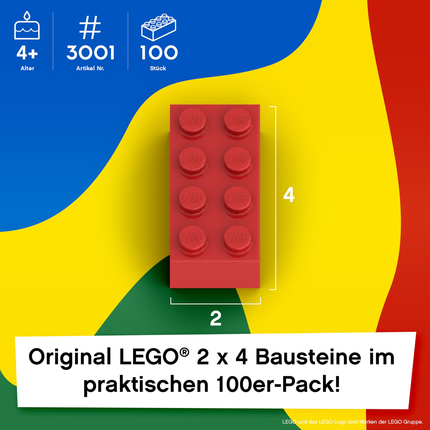 Lego Steine 2x4 Bunt, 100 Stück - Einzelne Lego Basis Bausteine Bunt Gemischt, Grundbausteine für Legoplatte und Bausteine Classic Box, Legosteine Classic ab 4 Jahre | Basic Bricks (3001)
