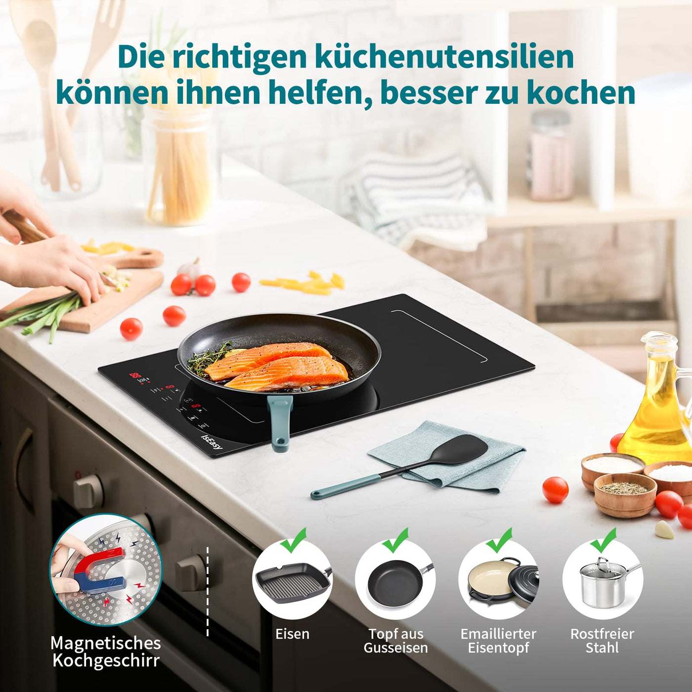 Induktionskochfeld mit Flexzonen, IsEasy domino Induktionskochfeld, Induktionskochfeld 2 platten mit 9 Leistungsstufen, Boost-Funktion,Kindersicherung und 1-99min Timer, 29.5cm, 3400W, Schwarz