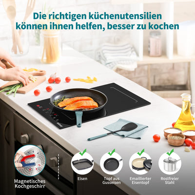 Induktionskochfeld mit Flexzonen, IsEasy domino Induktionskochfeld, Induktionskochfeld 2 platten mit 9 Leistungsstufen, Boost-Funktion,Kindersicherung und 1-99min Timer, 29.5cm, 3400W, Schwarz