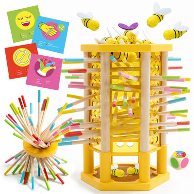 Nene Toys BEEFALL Groß, 4-in-1 Lernspiel mit Bienen, Montessori Spielzeug ab 3 Jahren mit bunten Stäben, Würfeln & Karten - Holzspiel für Jungen & Mädchen 3-9 Jahre - Pädagogisches Familienspiel