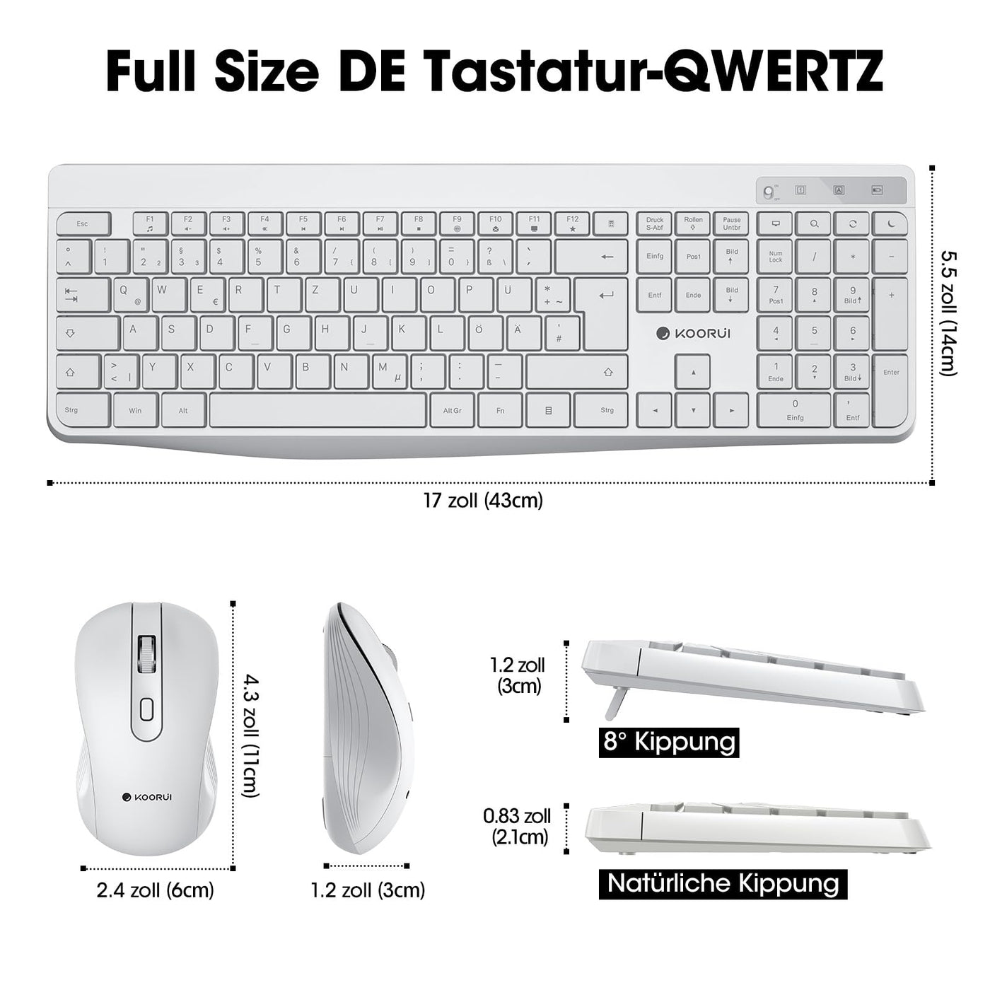 KOORUI Tastatur und Maus Kabellos, Leise Maus Tastatur Set Deutsches Layout QWERTZ mit 12 Funktionstasten 2.4 GHz Tastatur Maus Set für Windows, MacOS, Linux-Weiß (Batterie Nicht Enthalten)