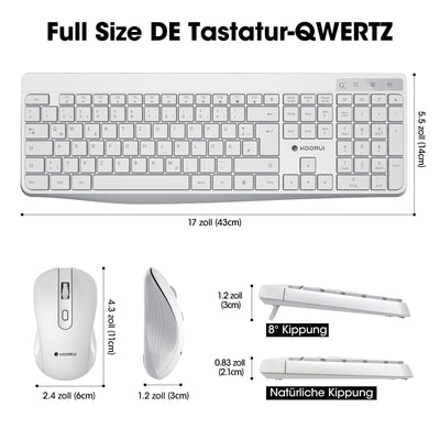 KOORUI Tastatur und Maus Kabellos, Leise Maus Tastatur Set Deutsches Layout QWERTZ mit 12 Funktionstasten 2.4 GHz Tastatur Maus Set für Windows, MacOS, Linux-Weiß (Batterie Nicht Enthalten)
