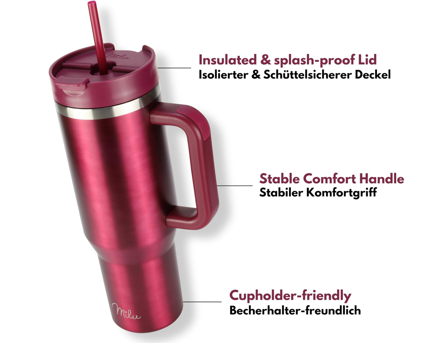 Milu Thermobecher 1200ml mit Strohhalm und Henkel 48h Eis/24h kalt/12h heiß Edelstahl Tumbler 40oz mit Griff Isolierbecher to go Isolierflasche Trinkflasche doppelwandig isoliert (Berry, 1,2L)