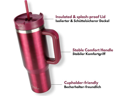 Milu Thermobecher 1200ml mit Strohhalm und Henkel 48h Eis/24h kalt/12h heiß Edelstahl Tumbler 40oz mit Griff Isolierbecher to go Isolierflasche Trinkflasche doppelwandig isoliert (Berry, 1,2L)