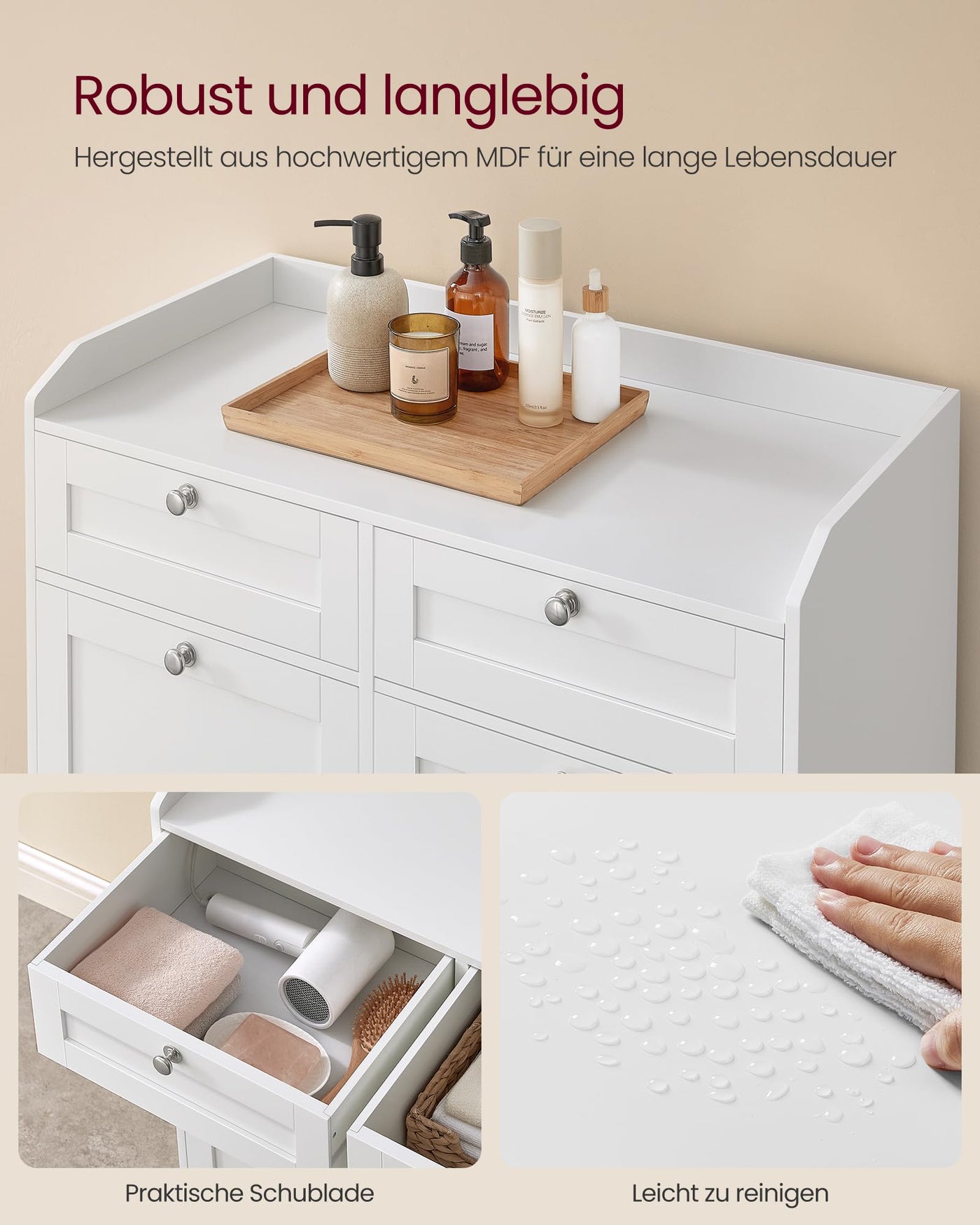 VASAGLE Badschrank mit Wäschekörbe, Wäscheschrank, Badezimmerschrank mit 2 Schubladen und 2 Wäscheboxen, herausnehmbare Innentaschen mit Griffen, 40 x 78,9 x 80,2 cm, wolkenweiß BBC751W01