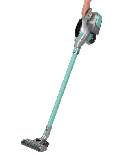 CLEANmaxx Akku-Zyklon-Staubsauger beutellos mit Akku | 2-in-1 Handstaubsauger, mit verschiedenen Düsen, Ideal für Tierhaare | Inkl. Wandhalterung mit integrierter Ladestation, 150 Watt [Türkis/Grau]